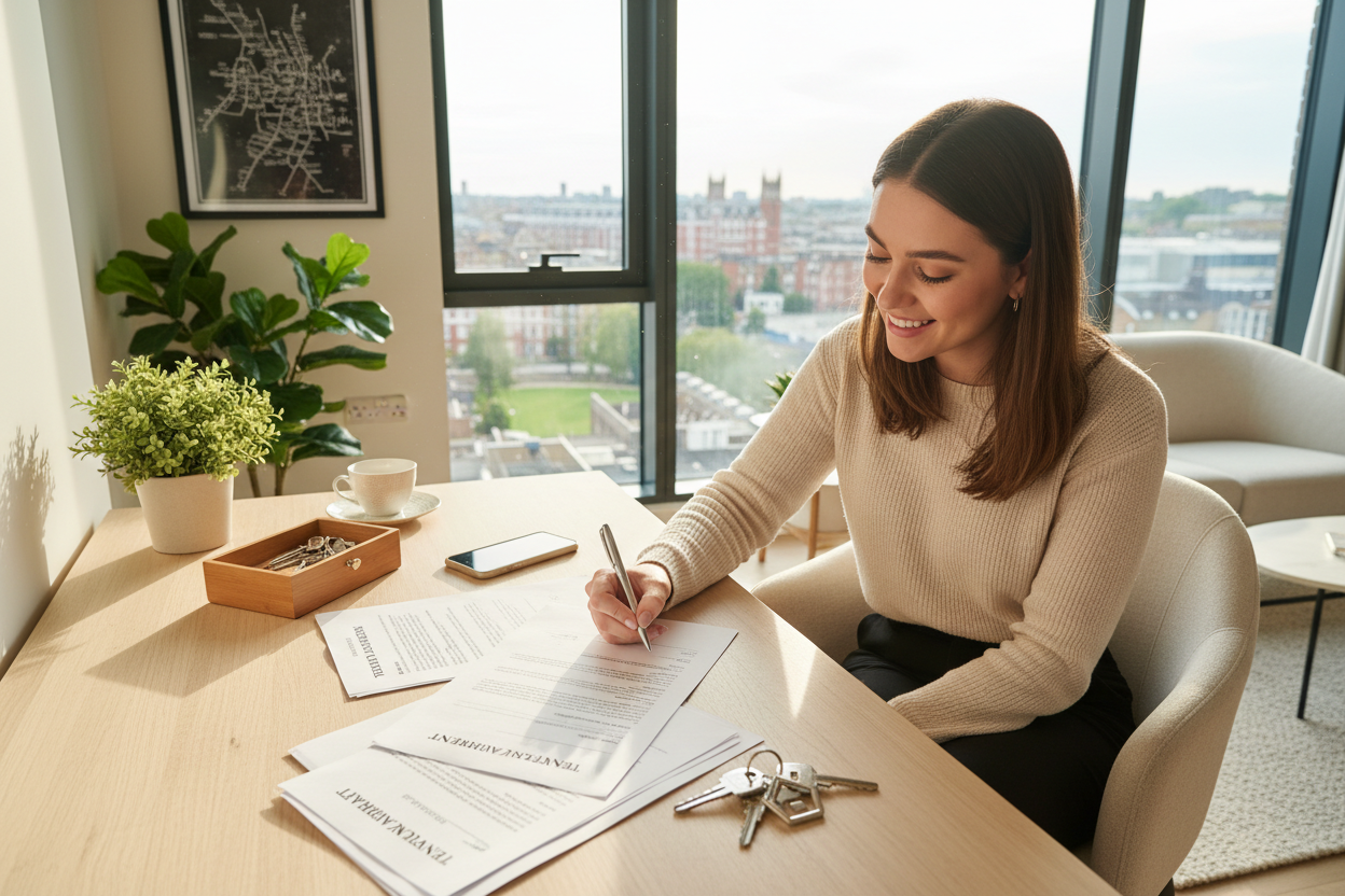 Woman signing for her first rental property at a desk with a cityscape view