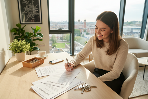 Woman signing for her first rental property at a desk with a cityscape view